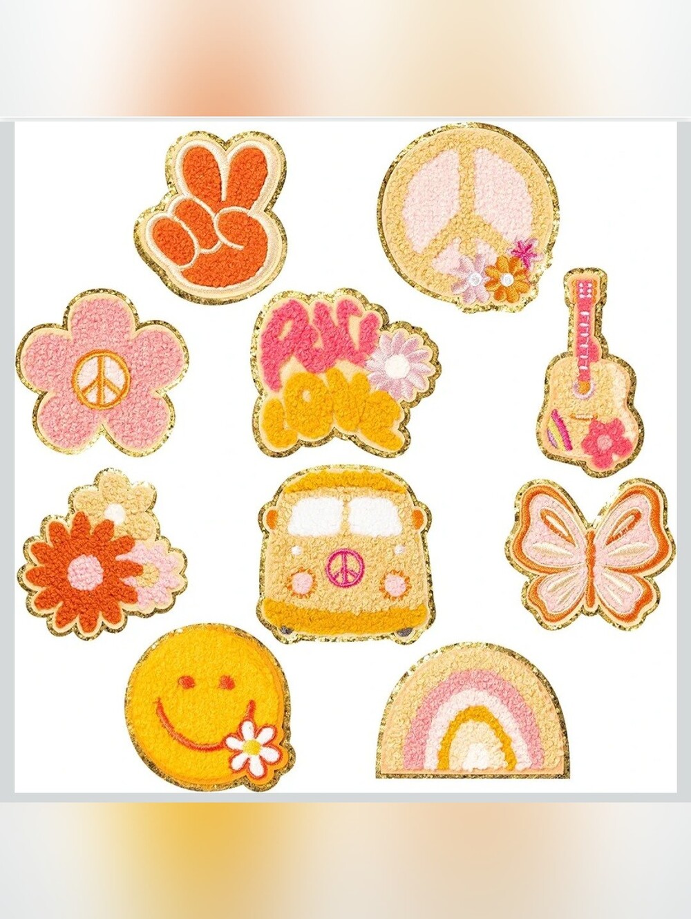 🍎 Nwt 10-Piece Retro Boho Chenille Iron-On Patch Set Peace & Love Embroidered